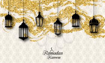 Arabic Lanterns, Fanoos for Ramadan Kareem, Islamic Glitter Card - Illustration Vector