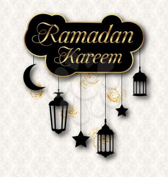 Ramadan Kareem Greeting Card with Traditional Lanterns. Islamic Template - Illustration Vector