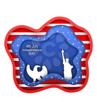 Fourth of July Independence Day of the USA, Statue of Liberty, Eagle. Cut Paper Style - Illustration Vector