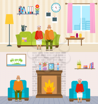 Old People Home Interior Background. Aged Characters, Household Furniture, Pension - Illustration Vector