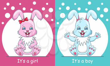 Baby Shower Greeting Card with Rabbits Boy and Girl, Smiling Children - Illustration Vector