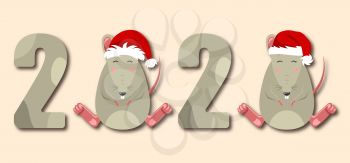 Happy Chinese New Year 2020 Zodiac. Funny Smile Rats in Santa Hat - Illustration Vector