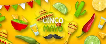 Holiday Celebration Poster for Cinco De Mayo with Chili Pepper, Sombrero Hat, Maracas, Piece of Lime, Cactus - Illustration Vector