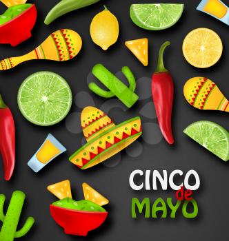 Holiday Card with Set Mexican Colorful Symbols for Cinco de Mayo. Advertising Template - Illustration Vector