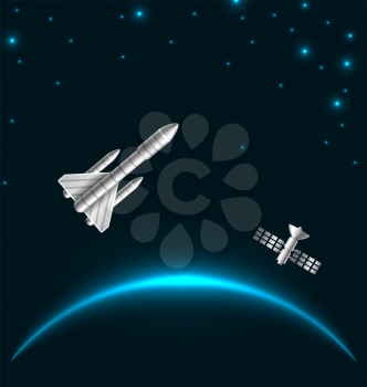 Space Rocket Launch, Cosmos Starry Background with Space Shuttle - Illustration Vector