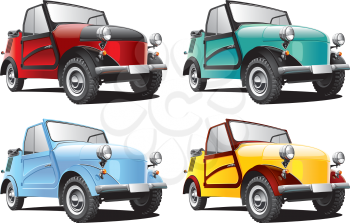 Detailed image of vintage car isolated on white background, executed in four color variants. File contains gradients. No blends and strokes.