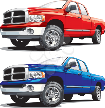Detailed vectorial image of american modern pickup, executed in two variants of color. Every pickup is in separate layer. No blends and gradients.