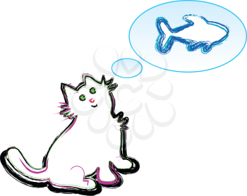 Royalty Free Clipart Image of a Cat Dreaming About a Fish