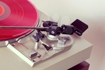 Analog Stereo Turntable Vinyl Record Player Tonearm Closeup