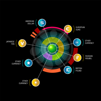 Vector round diagram with beam pointers infographic design template. Planetary concept with 8 options. Data visualization illustration suitable for web design.
