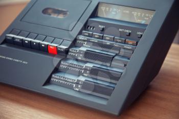 Vintage stereo compact cassette tape deck player closeup