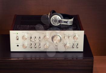 Vintage Audio Stereo Amplifier with Headphones Top View