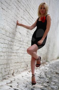 beautiful young girl in black dress with red flower against a brick wall