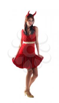 devil-woman - cute young pretty girl in red dress with red horns