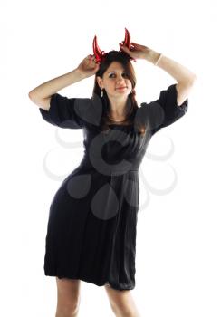 devil-woman - cute young pretty girl in black dress with red horns