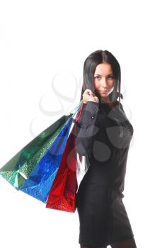 Happy shopping woman with bags- isolated over white