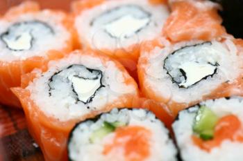 salmon sushi rolles close up low angel shot