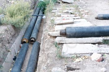 a gas pipes in the trench under construction