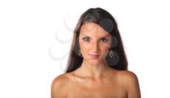 Close-up portrait of beautiful young woman, isolated white background