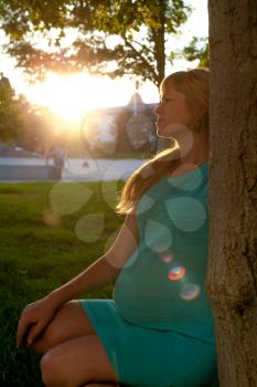 Beautiful pregnant woman relaxing on a park sunlite effect. beautiful pregnant young woman outside, warm sunny picture
