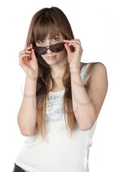 young blond woman in sunglasses isolated on white