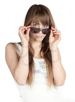 young blond woman in sunglasses isolated on white