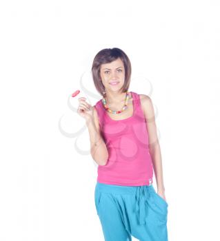 Young woman torso with candy on white