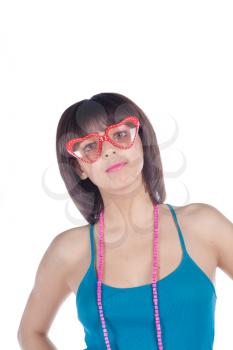 Smiling girl wearing funny-shaped glasses on white
