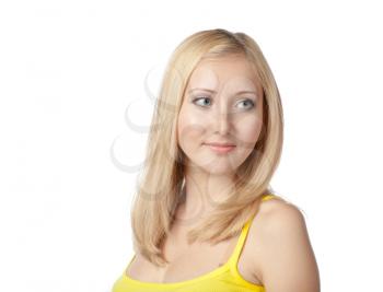 thinking about - blonde women in calm state studio on white isolated shot