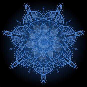 Oriental mandala motif round lase pattern on the black background, like snowflake or mehndi paint in blue color