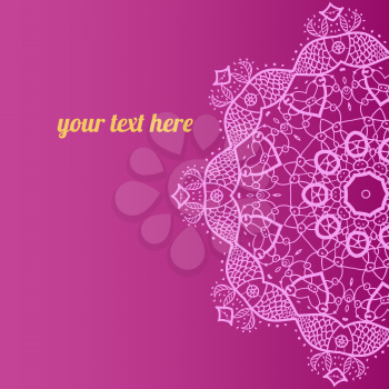 Ornate ornamental indian half mandala frame with fishel for text in pink color. Perfect as invitation or announcement. Easy to change colors and edit.