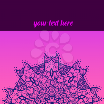 Oriental mandala motif half-round lase pattern on the pink background, like snowflake or mehndi paint in violet and blue