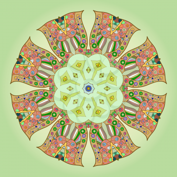 Oriental mandala motif round lase pattern on the yellow background, like snowflake or mehndi paint on green color background