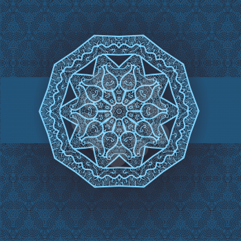 Oriental mandala motif round lase pattern on the blue background, like snowflake or mehndi paint in light-blue color. Ethnic backgrounds native art concept
