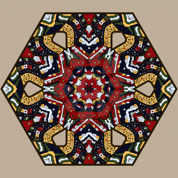Oriental mandala motif round lase pattern on the yellow background, like snowflake or mehndi paint on deep red color background