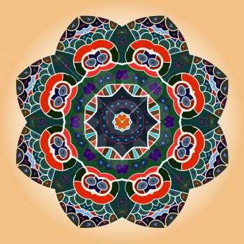 Oriental mandala motif round lase pattern on the brown background, like snowflake or mehndi paint