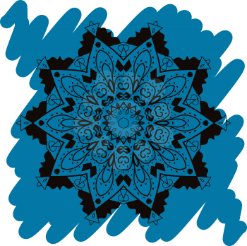 Oriental mandala motif round lase pattern on the blue background, like snowflake or mehndi paint in light-blue color. Ethnic backgrounds native art concept. What is karma?