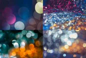Defocused christmas decorations as wallpaper. Set of four holiday blurred backgrounds