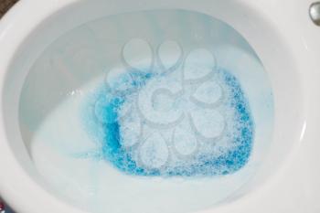 toilet bowl with blue water inside