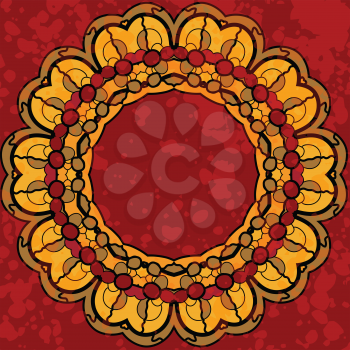 Stylized round mandala frame for text on watercolor abstract background, design element, a lot of copyspace. Stylized oriental flower with copyspace in the center in brown and yellow color.