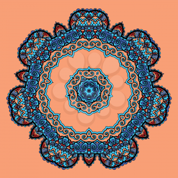Round Mandala. Flower like Ornament Pattern. Vintage decorative elements. Hand drawn wallpaper. Islam, Arabic, Indian, Ottoman, Asian motifs on orange background