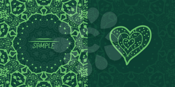 Ornamental green vector square flyer card design. Invitation card. Heart shaped vintage decorative element. Hand drawn background. Islamic, arabic, indian, ottoman, asian motifs. Flayer template.