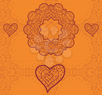 Valentine card design. Ornamental orange vector flyer. Love card. Heart shaped vintage decorative elements. Hand drawn outline mandala. Islamic, arabic, indian, ottoman, asian motifs. Flayer template.
