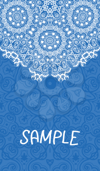 Flyer, wedding or invitation card. Vertical banner. Tribal design in blue color. Asian indian motif liginoru.