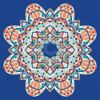 Ornamental colorful mandala. Vector square flyer card design. Invitation card. Vintage decorative element. Hand drawn background. Islamic arabic, indian, ottoman, asian motifs. Flayer template on blue