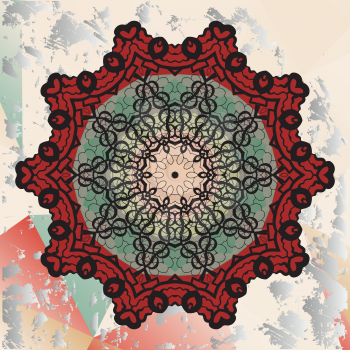 Red and green Mandala on triangles background