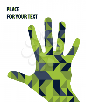 Open hand silhouette on green triangles background.