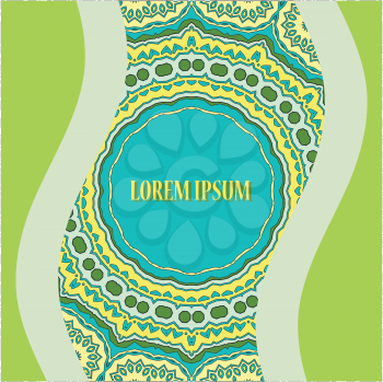 Stylized Oriental Postcard Print Light Green Colour. Round Ornamental Symmetry Pattern. Vintage decorative element. Hand drawn artwork. Islamic, Arabic, Persian, Indian, Ottoman motif artwork.