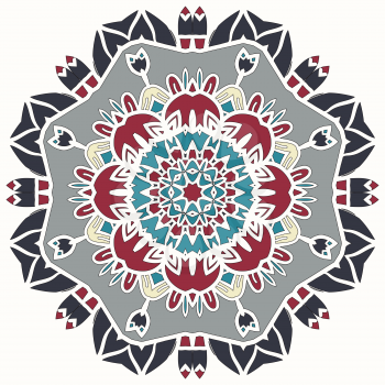 Yoga Yantra Symbol. Oriental multicolored stylized Mandala motif round lase pattern on the light background, like snowflake or mehndi paint of orange color.
