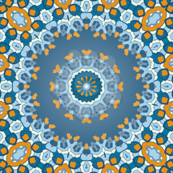 Oriental colorful ornament in blue and orange color. Seamless vector ornate background. Beautiful pattern of mandalas. Template for postcard.